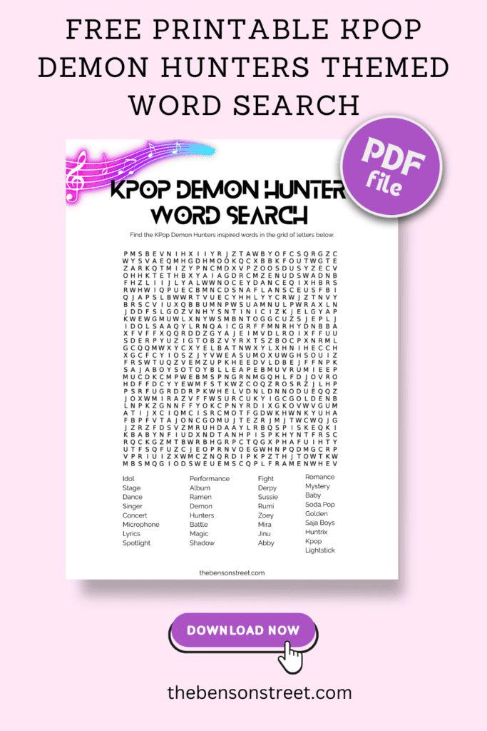 Free Printable KPop Demon Hunters Word Search Activity The Benson Street