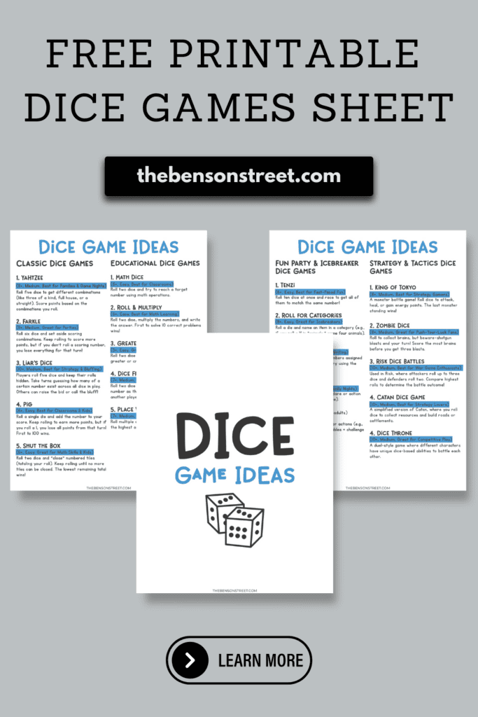 Fun Free Printable Dice Games for Families & Kids - The Benson Street
